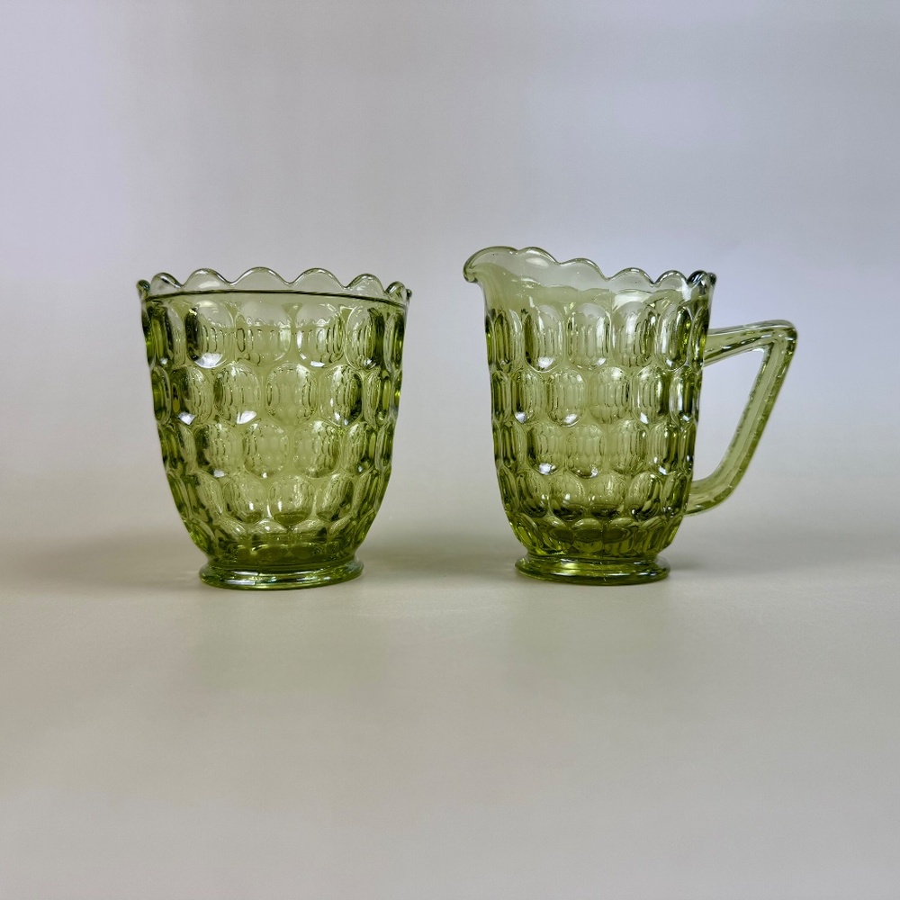 UV Reactive Fenton Green Thumbprint Glass Creamer & Sugar Bowl Set - Picture 4 of 16